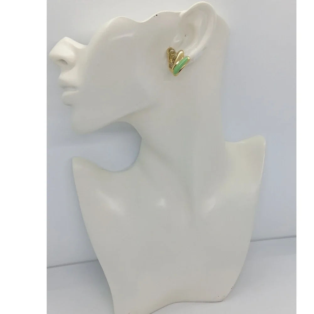 Asymmetrical Silver Green Enamel Gold Tone Layered Wing Stud Earrings #21